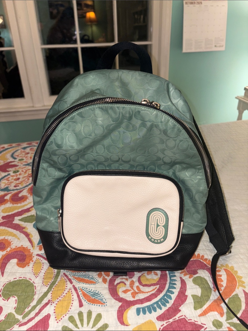 Coach Green Signature Canvas Backpack with White Front Pocket